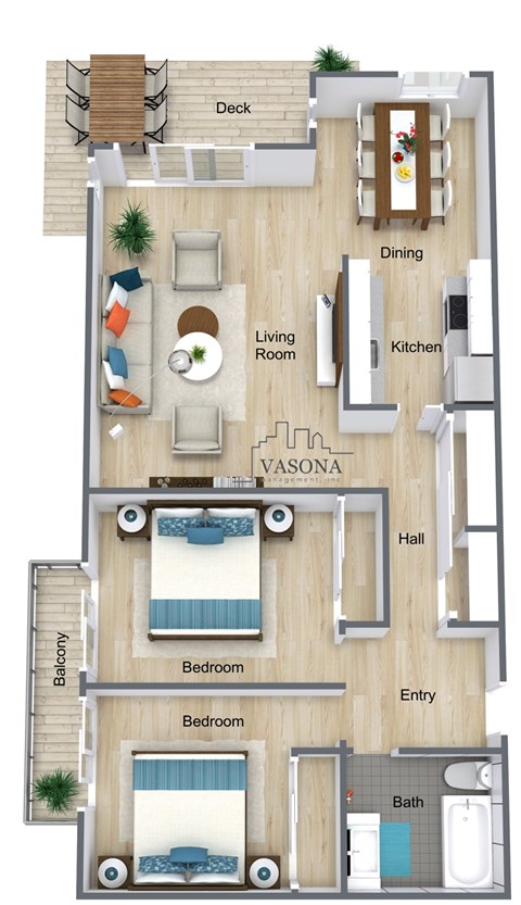 Floor plan for 2 beds, 1 bath, 850 sqft
